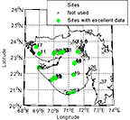 Map of Gujarat that highlights with a green dot the more than a dozen sites having excellent data.